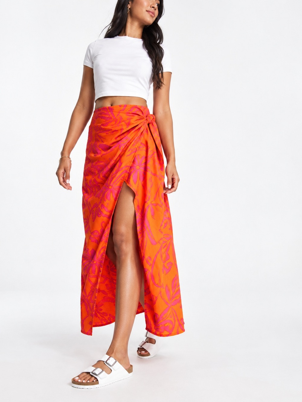 ASOS Ruched Side Midi Skirt in Fruit Print